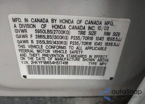 2004 Honda Pilot Ex-L z USA, uszkodzony, nr VIN 2HKYF18654H517416